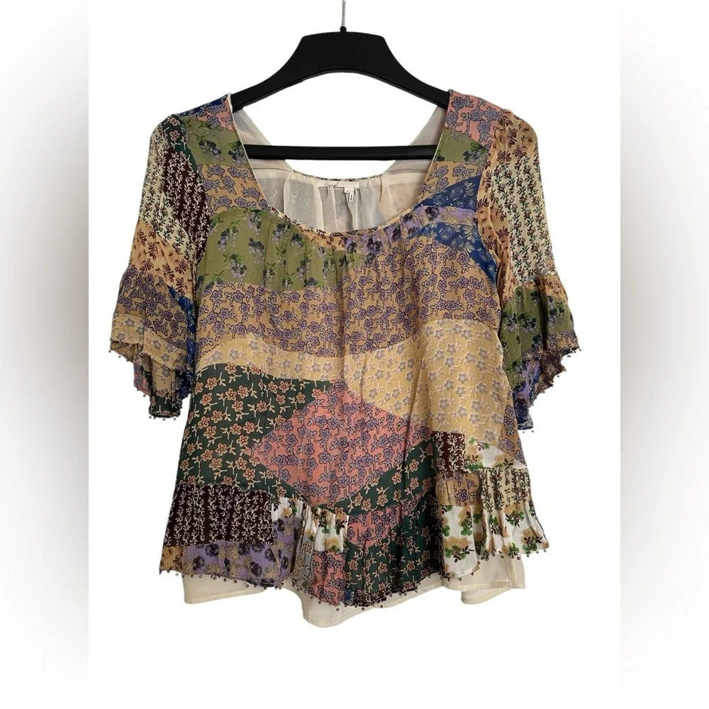 Anthropologie Floreat Floral Beaded Patchwork Peasant Blouse Size XS - Picture 2 of 8
